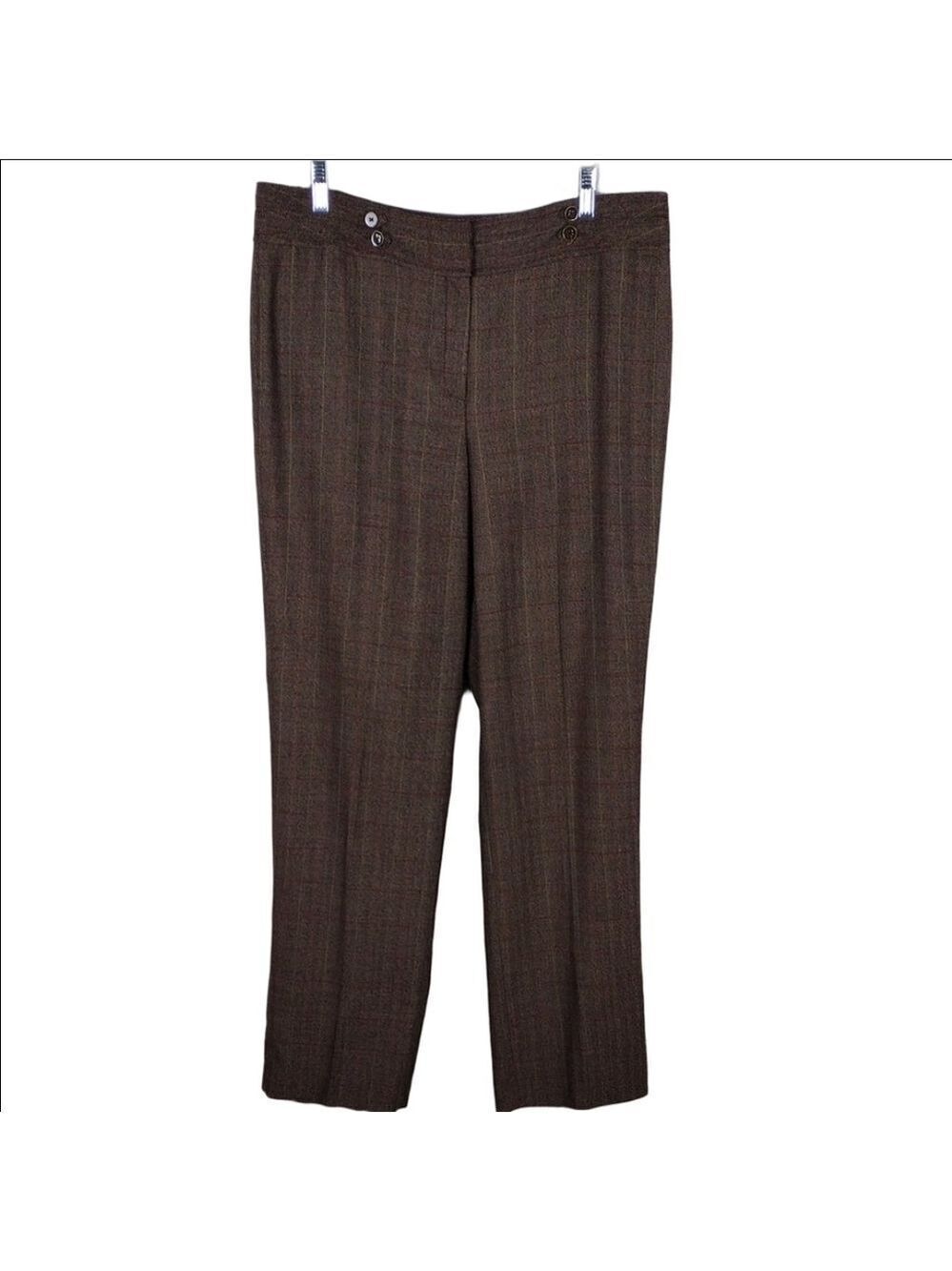 Larry Levine Brown Checkered Plaid Flat Front High Rise Straight Leg Trousers
